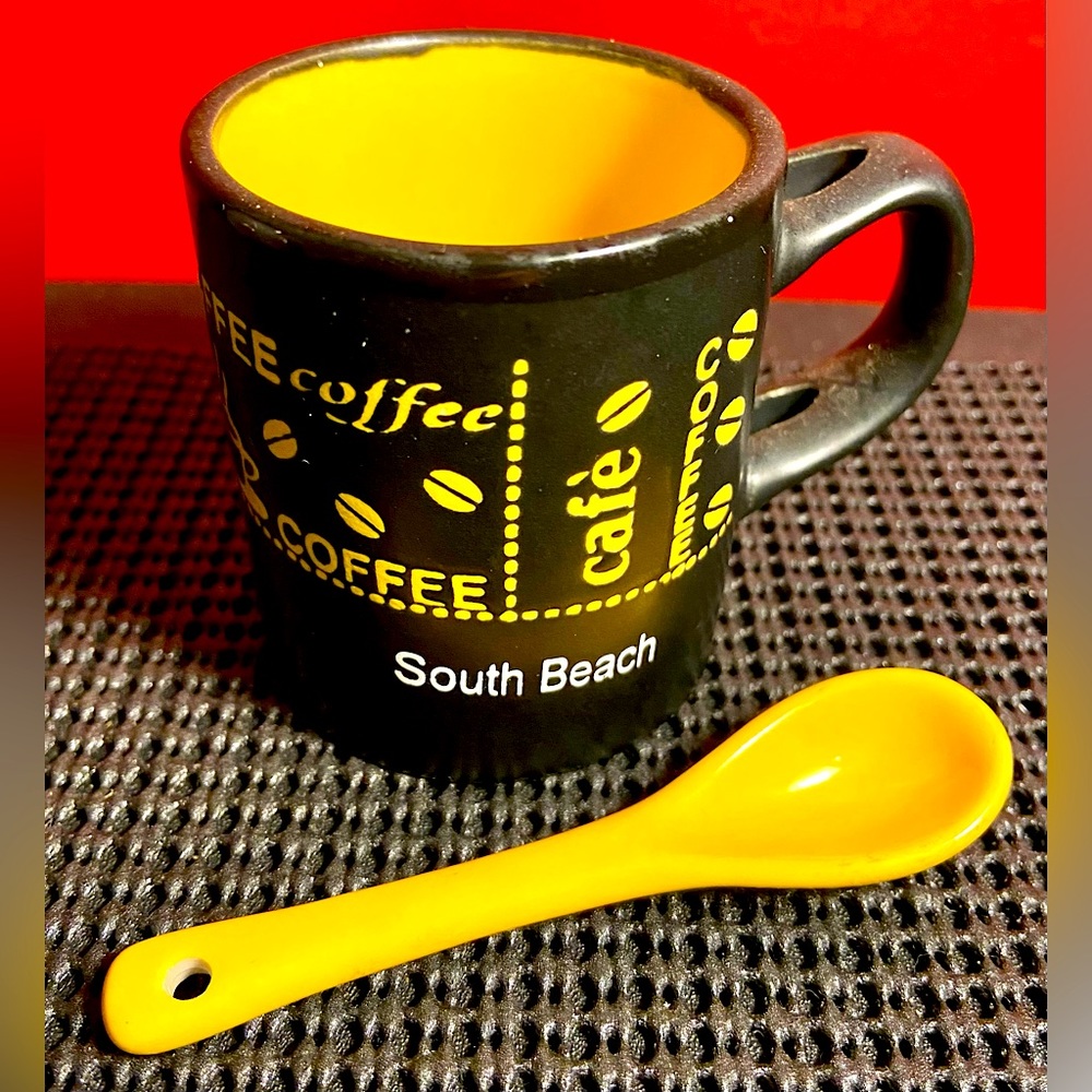Tiny Espresso Ceramic Mug With Spoon South Beach Coffee 2.5” Tall